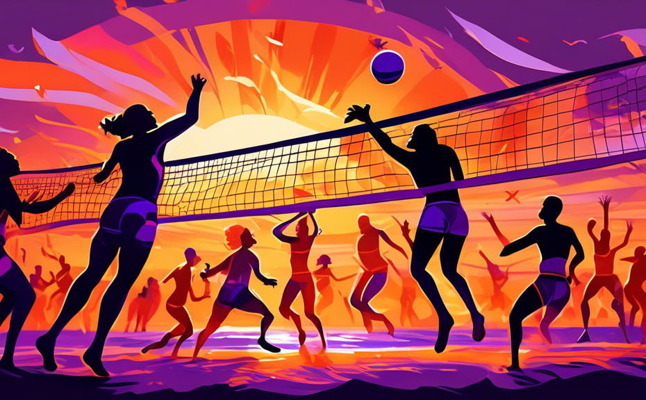 An artistic rendition of a vibrant beach volleyball game at sunset, with players leaping for a high volley under a sky painted with fiery oranges and purples, while the surrounding crowd watches eager