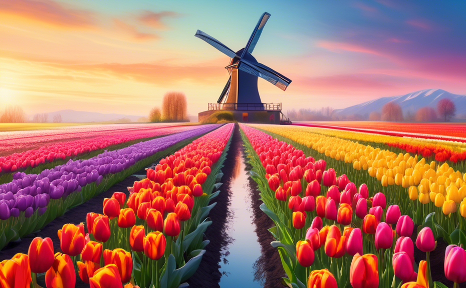 Create a serene and vibrant image of a vast tulip field under a clear blue sky during sunrise, with soft sunlight illuminating rows of various colored tulips including pink, red, yellow, and purple, a