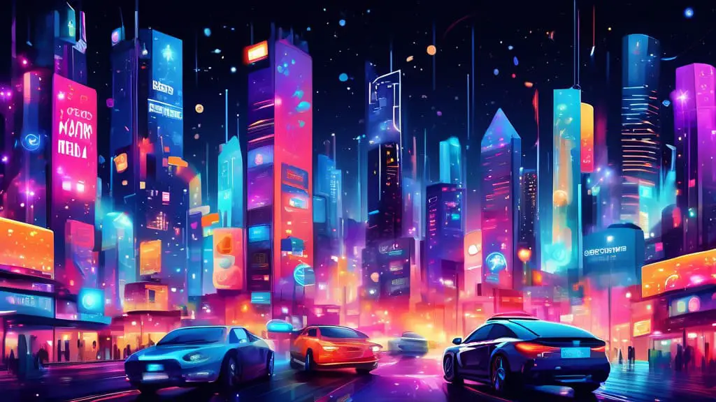 Create a vibrant digital painting of a bustling cityscape at night, where glowing billboards display various digital marketing slogans in sleek, futuristic fonts, each slogan surrounded by digital par