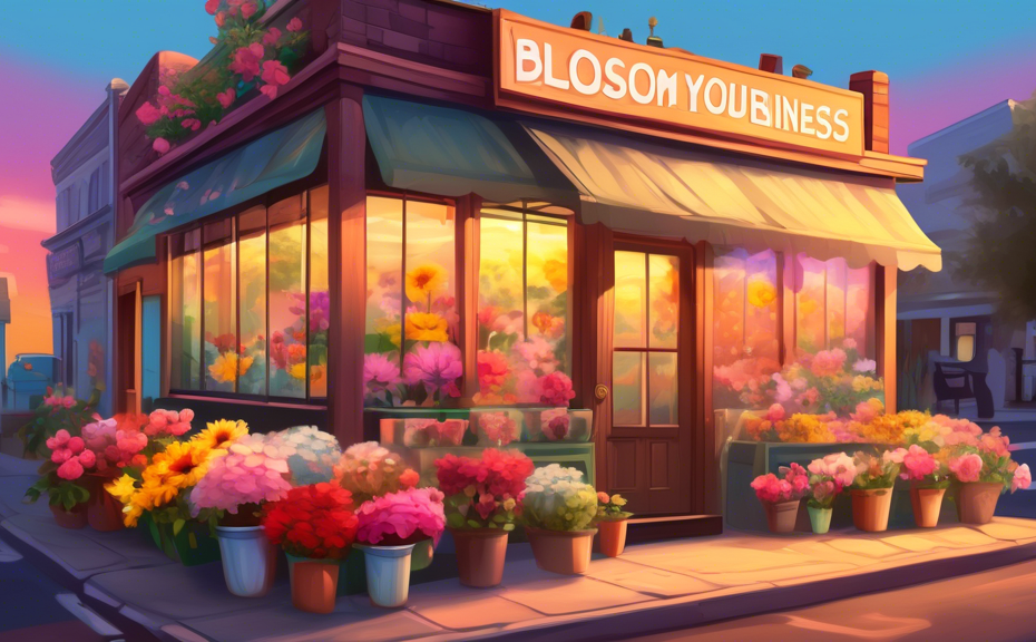 Create a vibrant, digital art illustration of a quaint flower shop at sunrise, with the shop's glass facade reflecting the colorful sky. The shop is adorned with an array of fresh flowers in full bloo