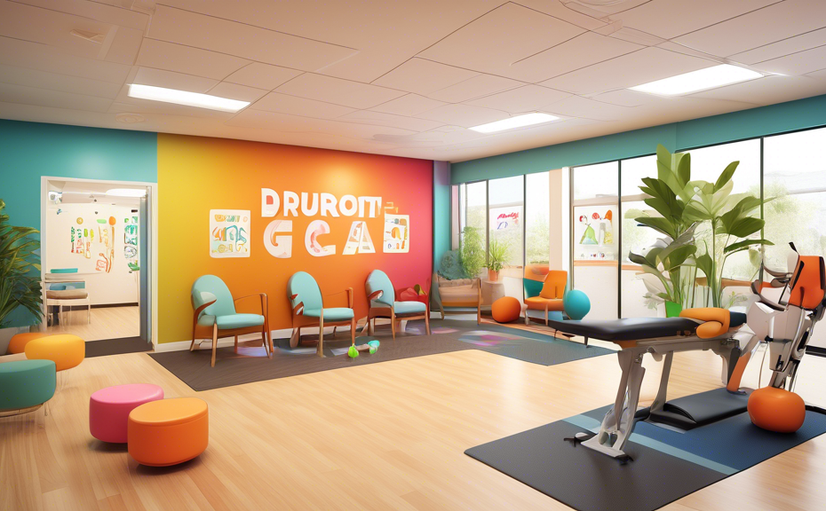 DALL-E prompt: A vibrant and welcoming physical therapy clinic interior with walls adorned with inspiring slogans in stylish fonts. The clinic is brightly lit, showcasing a modern and cozy setup with