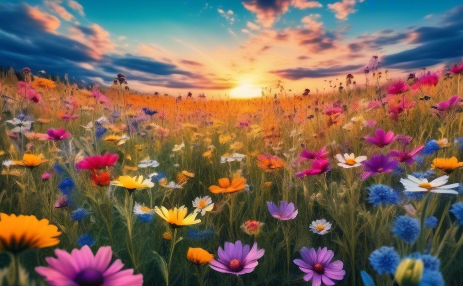 A vibrant field of wildflowers under a clear blue sky at sunset, with handwritten inspirational captions and quotes artistically overlayed on the image, creating a perfect visual for an Instagram post