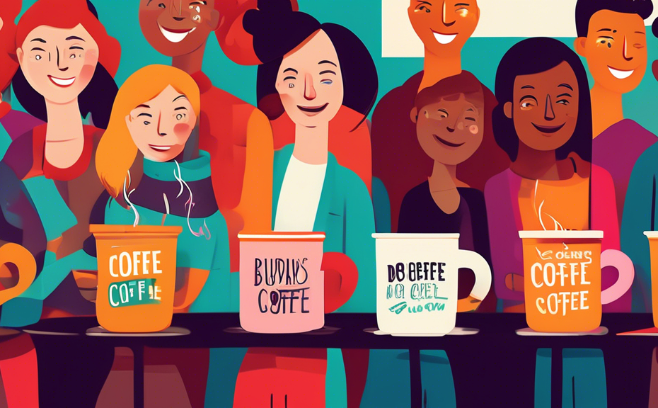 A vibrant, bustling coffee shop during morning rush hour, with each coffee cup featuring a different catchy slogan in bold, colorful lettering; diverse customers are smiling and enjoying their drinks,