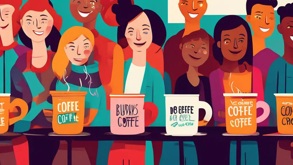 A vibrant, bustling coffee shop during morning rush hour, with each coffee cup featuring a different catchy slogan in bold, colorful lettering; diverse customers are smiling and enjoying their drinks,