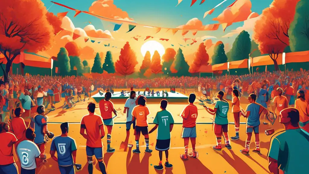 An illustrated scene showing a vibrant cornhole tournament in a sunset-lit park with diverse teams wearing customized t-shirts featuring imaginative and humorous team names. Each cornhole board is uni