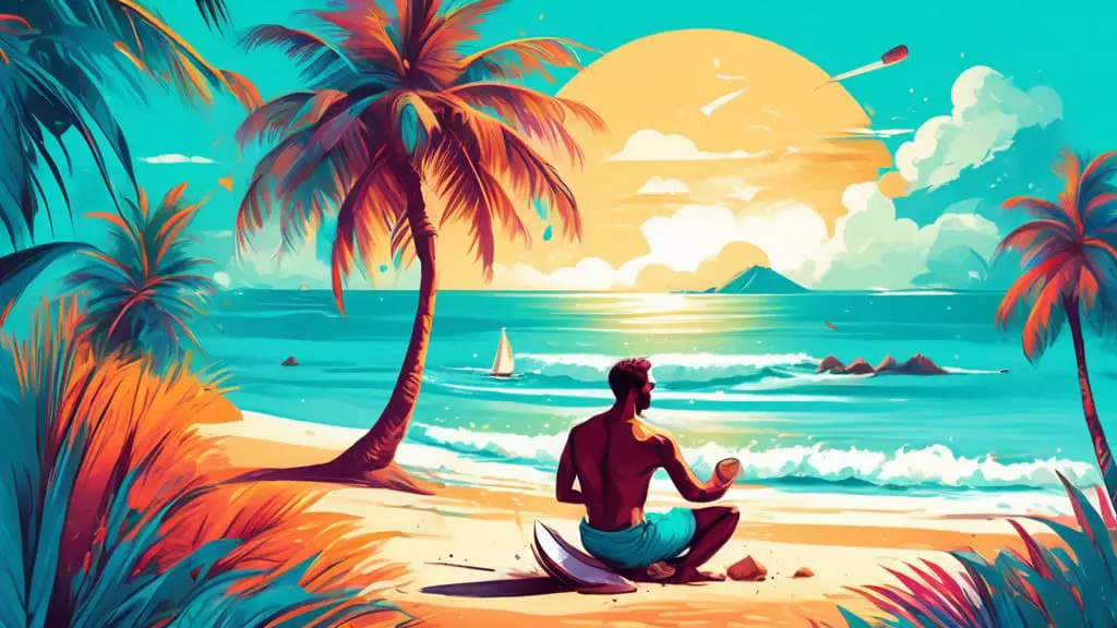 Create a vibrant, tropical scene depicting a person sitting on a sandy beach under a palm tree, skillfully cracking open a fresh coconut with a machete, with a crystal-clear turquoise ocean in the bac