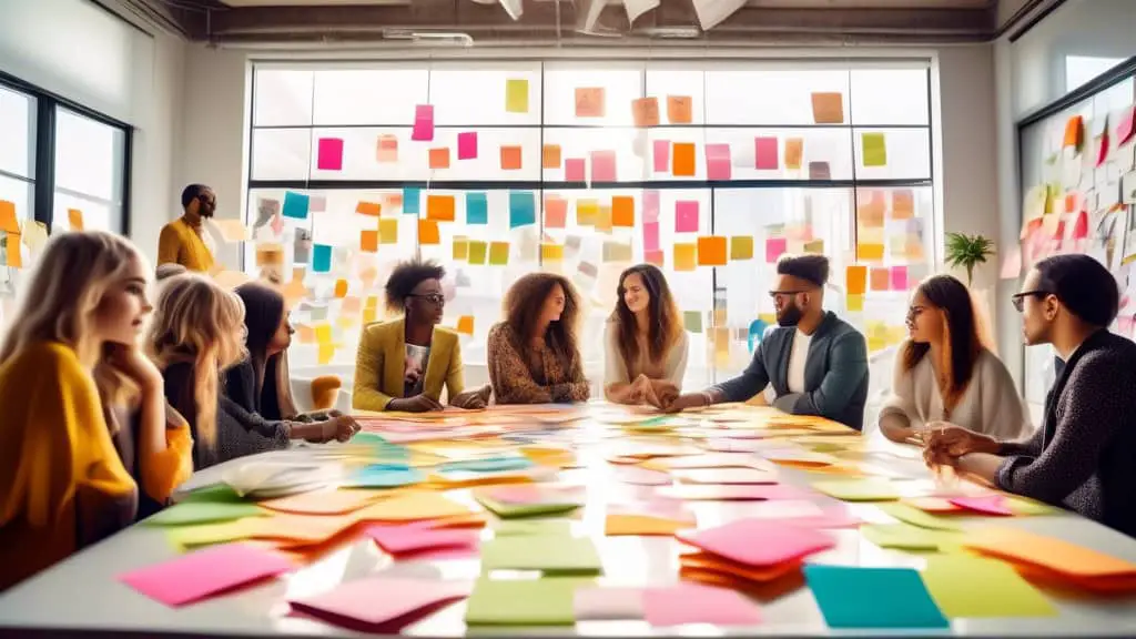 A creative brainstorming session in a bright, modern office, with a diverse group of fashion designers and marketers sitting around a glass table filled with colorful post-it notes, each with differen