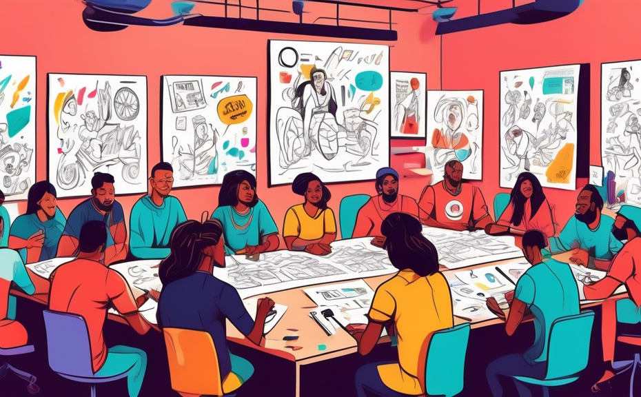 Brainstorming session at a creative studio with diverse people gathered around a large table filled with colorful paper, markers, and laptops, enthusiastically discussing and sketching sports team slo