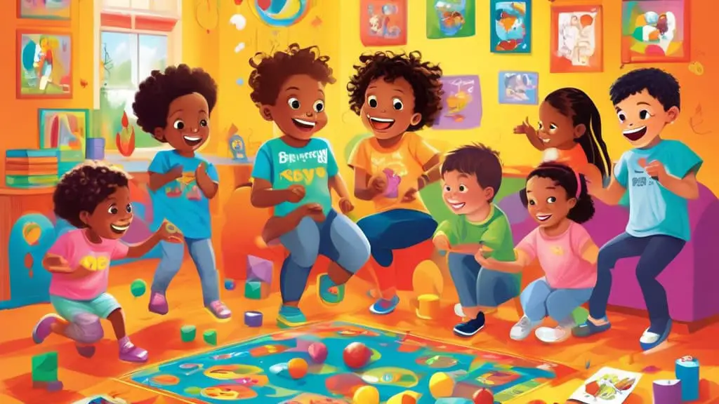 Design an eye-catching, colorful poster featuring a group of diverse, cheerful children playing imaginative games in a safe, cozy room, with a friendly, attentive babysitter guiding the activities. Th