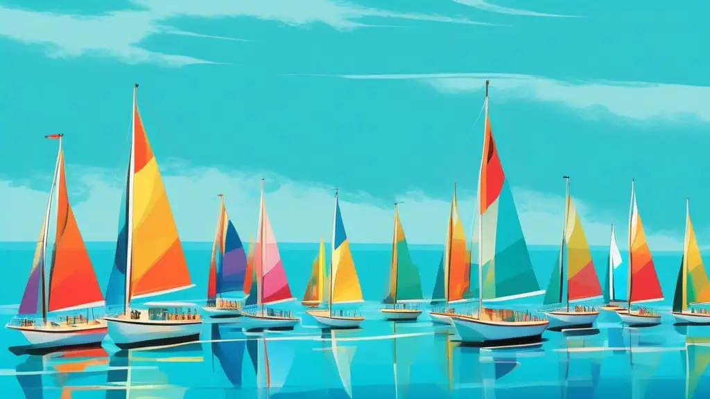 An artistic depiction of a fleet of colorful sailboats, each with a unique and witty slogan painted on their sails, cruising across a crystal-clear turquoise ocean under a bright blue sky.