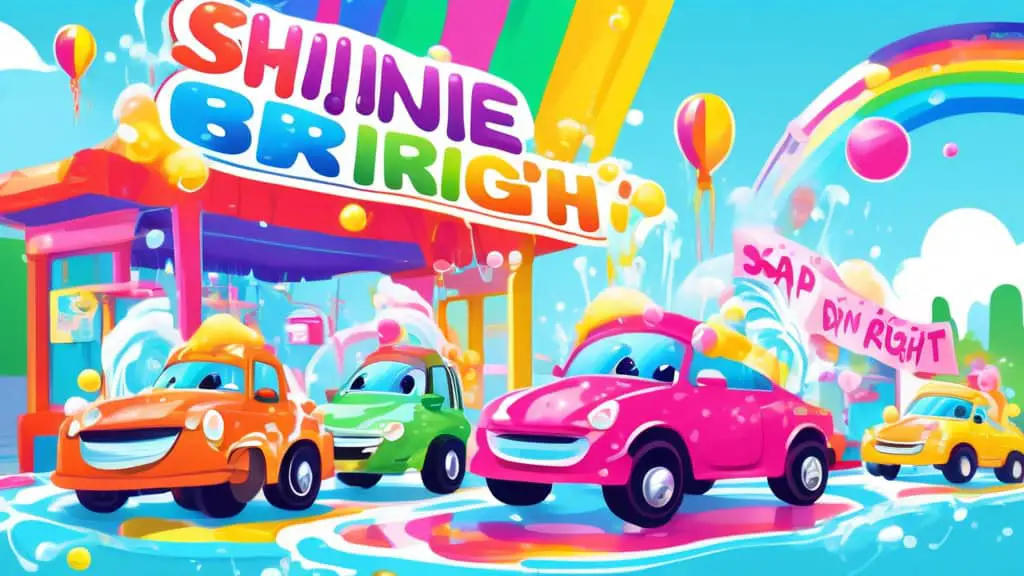 An image of a vibrant, bustling car wash on a sunny day, featuring banners with catchy slogans like 'Shine Bright, Drive Right' and 'Soap, Rinse, and Smile!' fluttering in the breeze. Animated, smilin