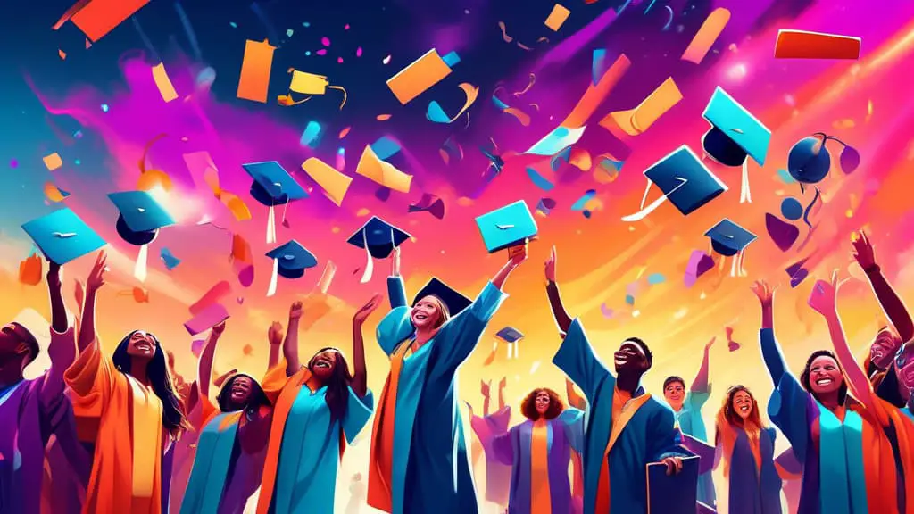 An imaginative digital artwork of a diverse group of college students celebrating graduation on a vibrant, futuristic campus, each holding their diplomas with a glowing Instagram logo in the sky above