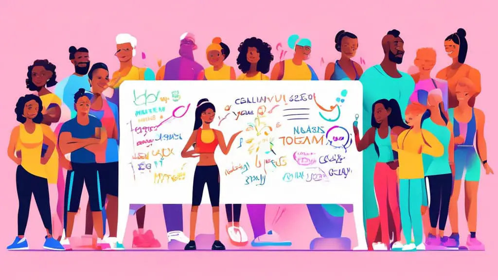 Diverse group of people of various ages and ethnicities, joyfully brainstorming and writing down creative fitness team names on a large whiteboard in a sunny, modern gym setting, with colorful exercis