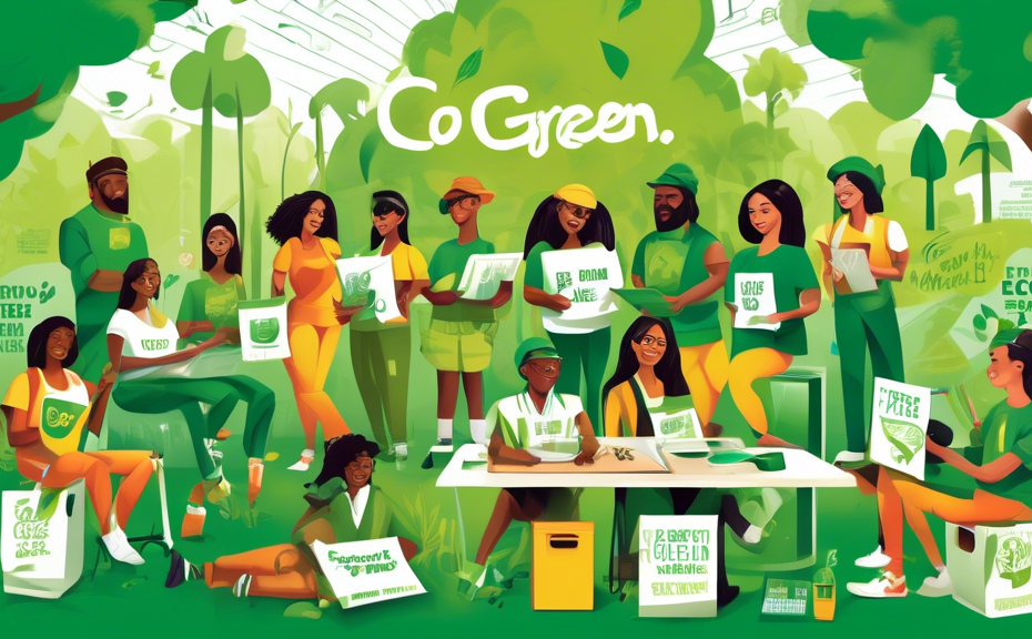 Design an imaginative and vibrant poster featuring a multicultural team of artists brainstorming in a lush, green park, surrounded by recycling bins and renewable energy sources. Each artist holds a s