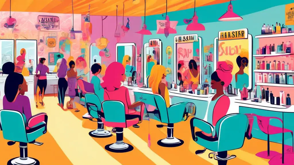 An artistic, whimsical illustration of a vibrant hair salon interior bustling with diverse clients being styled by cheerful, colorful hairstylists, under a series of hanging signs each featuring diffe