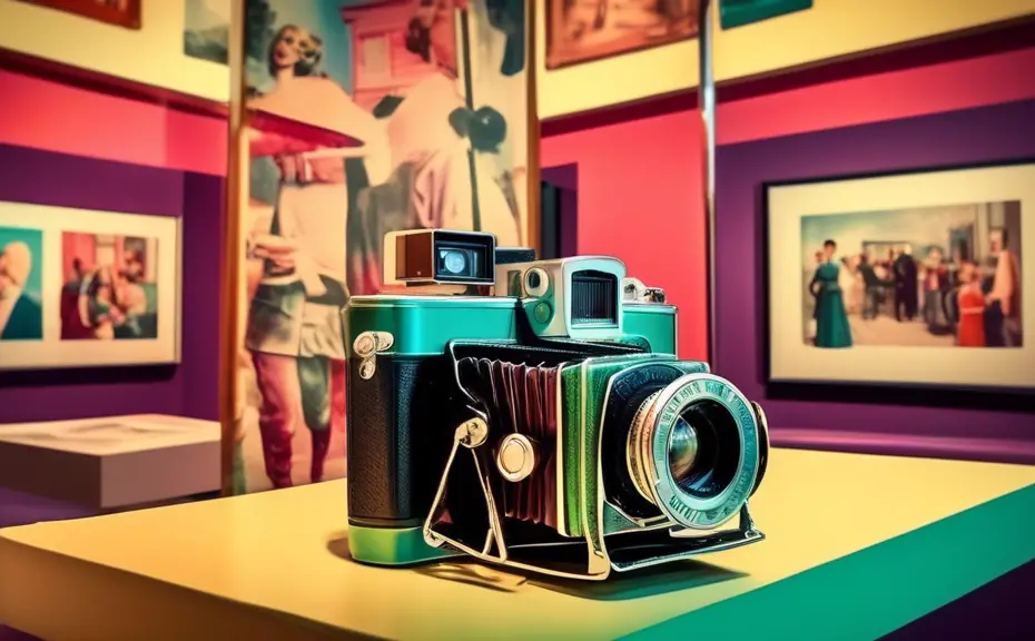 An antique camera displayed alongside vibrant, modern digital photographs in a museum, with visitors in 1950s attire using smartphones to take selfies.