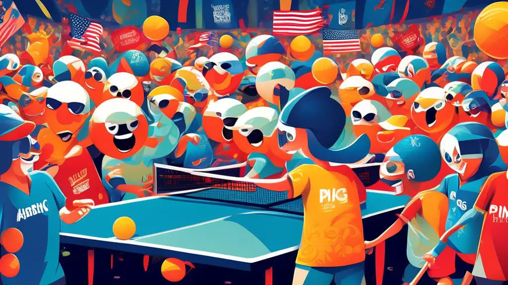 Graphic illustration of anthropomorphic ping pong balls, each uniquely and whimsically dressed, representing different team names on a vibrant, bustling tournament scene with banners and flags in the