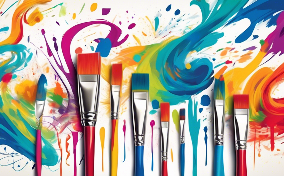 Colorful paintbrushes painting vibrant, swirling patterns on a blank wall, each leaving a trail of an inspirational slogan about creativity and painting.