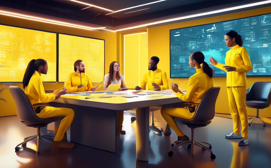An artistic, vibrant digital painting of a team wearing yellow uniforms, energetically brainstorming creative slogans in a futuristic, brightly lit meeting room, with digital screens displaying inspir