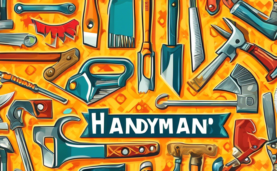 An artistic mosaic showcasing a variety of catchy and creative handyman slogans, each elegantly displayed on playful, cartoon-style tools like hammers, wrenches, and saws, against a vibrant, cheerful