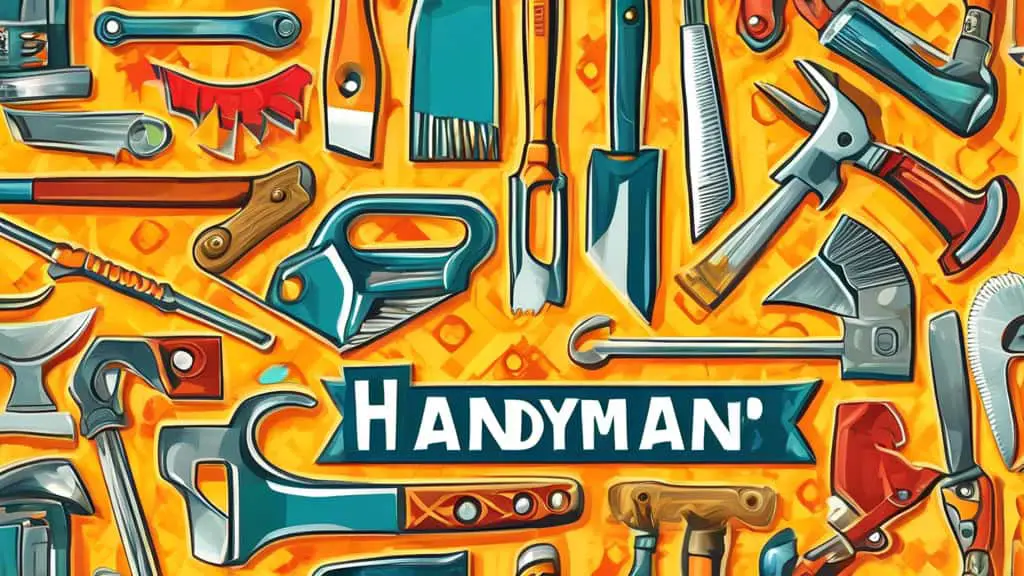 An artistic mosaic showcasing a variety of catchy and creative handyman slogans, each elegantly displayed on playful, cartoon-style tools like hammers, wrenches, and saws, against a vibrant, cheerful