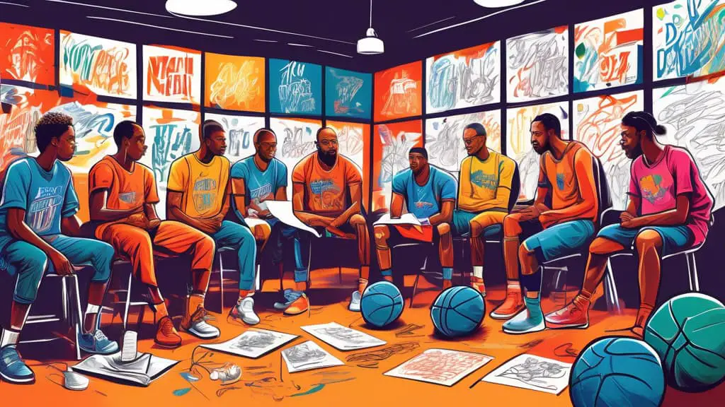 An artist's studio with colorful sketches and paintings of imaginative basketball team logos and jerseys, reflecting unique and creative team names. Each piece of art includes vibrant mix of colors an