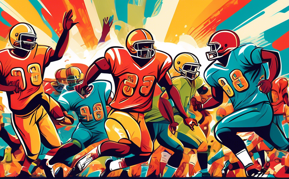 An illustration of diverse football players in dynamic action poses, each with a unique, inspiring slogan in a speech bubble, set against a vibrant, crowded stadium background. The scene is lively and