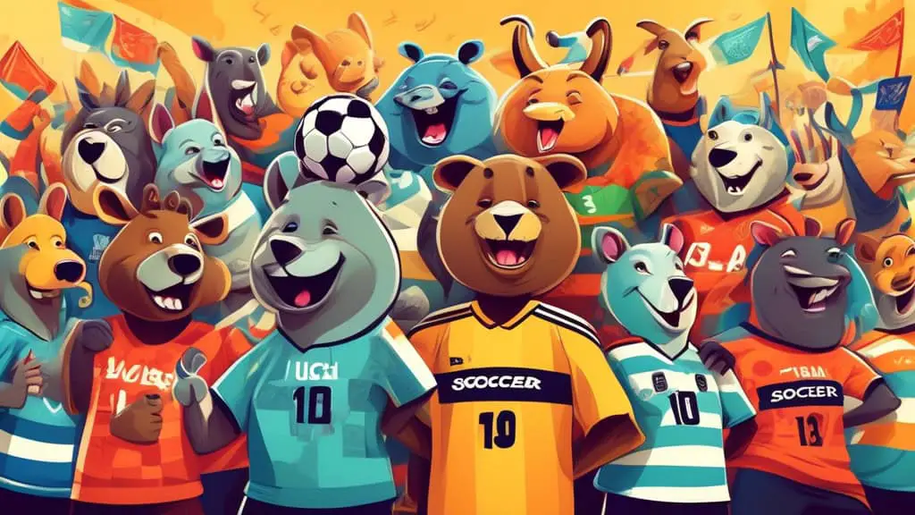 A whimsical illustration of a group of diverse cartoon animals wearing colorful soccer jerseys, each with funny and unique team names emblazoned on them, playing soccer in a vibrant, stylized stadium