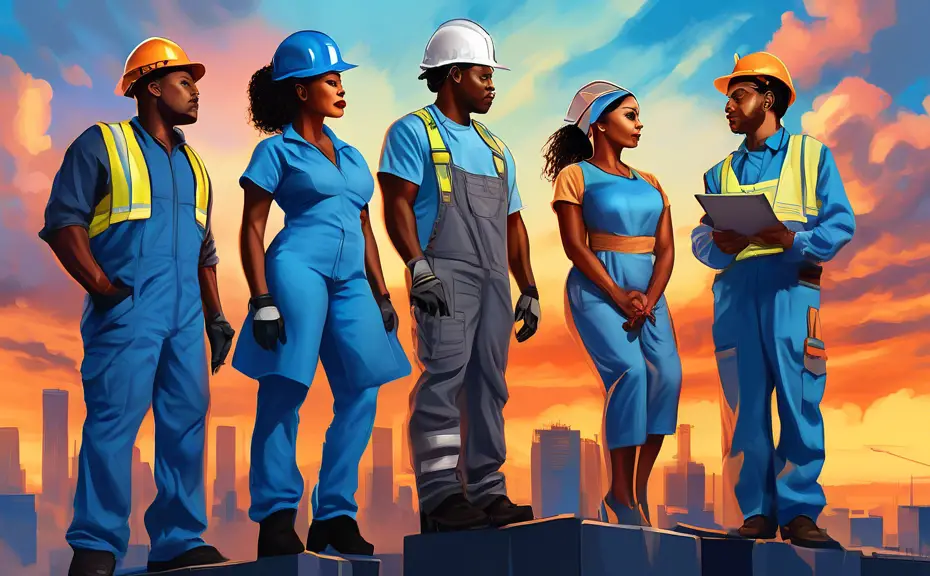 An artistic digital painting of a diverse group of blue-collar workers, including a female electrician, a Hispanic construction worker, and an African American nurse, all standing heroically on top of
