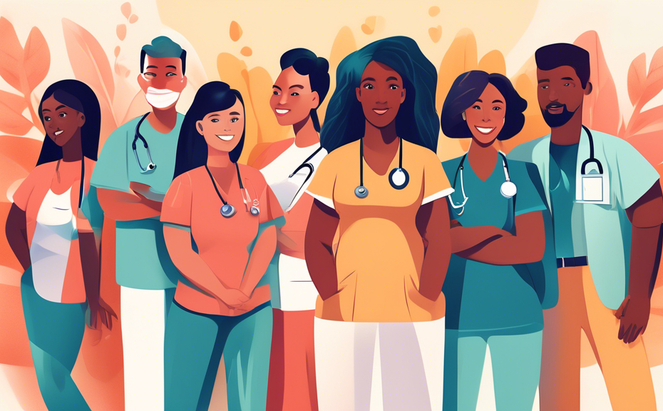 Create an illustration of a diverse group of healthcare professionals standing together, with each wearing a t-shirt featuring a different motivational slogan. They are in a hospital setting with soft