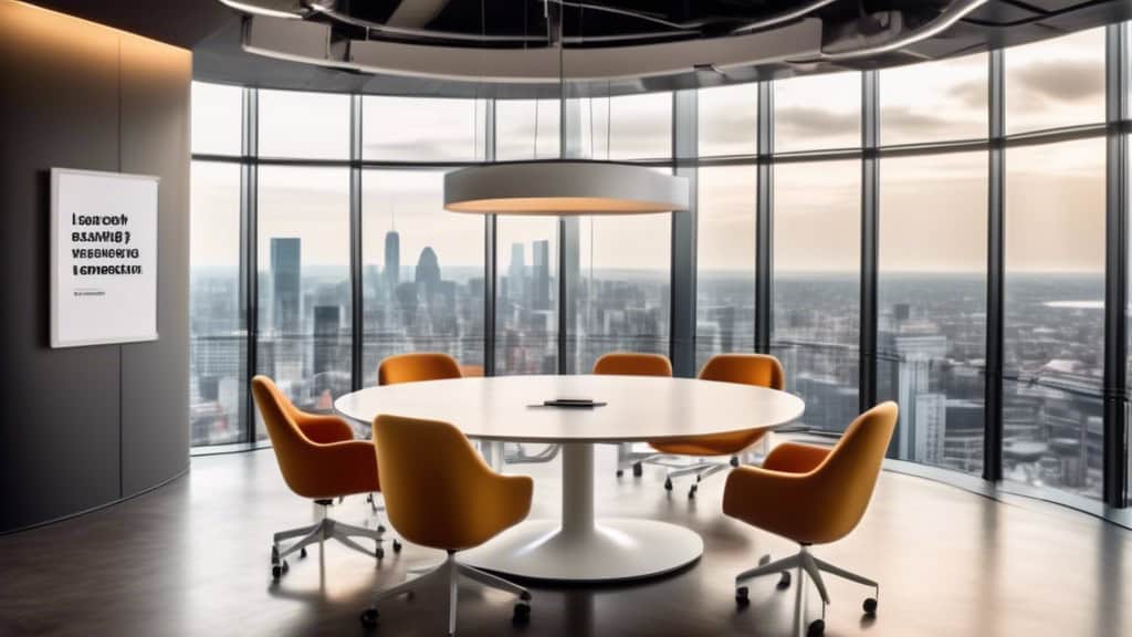 An inspiring meeting room with a large, bright window overlooking a bustling cityscape, inside the room is a modern, round table surrounded by comfortable chairs, and the walls are decorated with vari