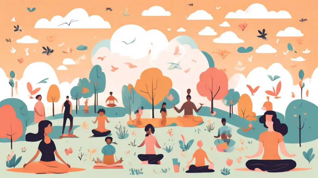 Create an illustration featuring a serene park setting, with diverse people of various ages and backgrounds engaging in different peaceful activities like yoga, meditation, and reading. Above them in