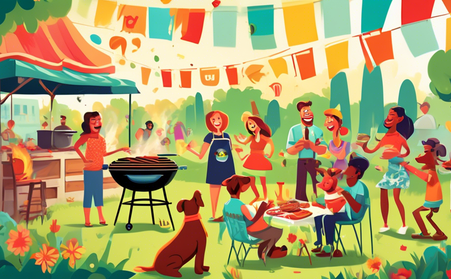 An artistic illustration of a cheerful family and friends gathering around a vibrant, animated backyard barbecue setup, with whimsical banners featuring catchy BBQ slogans like 'Smoke 'Em If You Got '