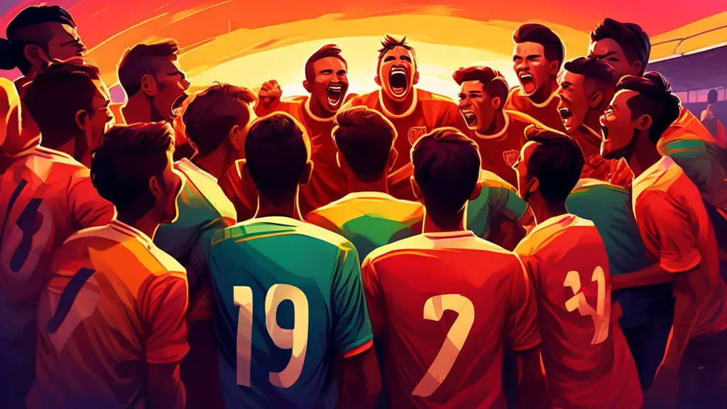 Digital painting of an energetic soccer team huddle under a sunset sky, with the team's captain holding a soccer ball and passionately shouting a motivational slogan, while the rest of the team listen