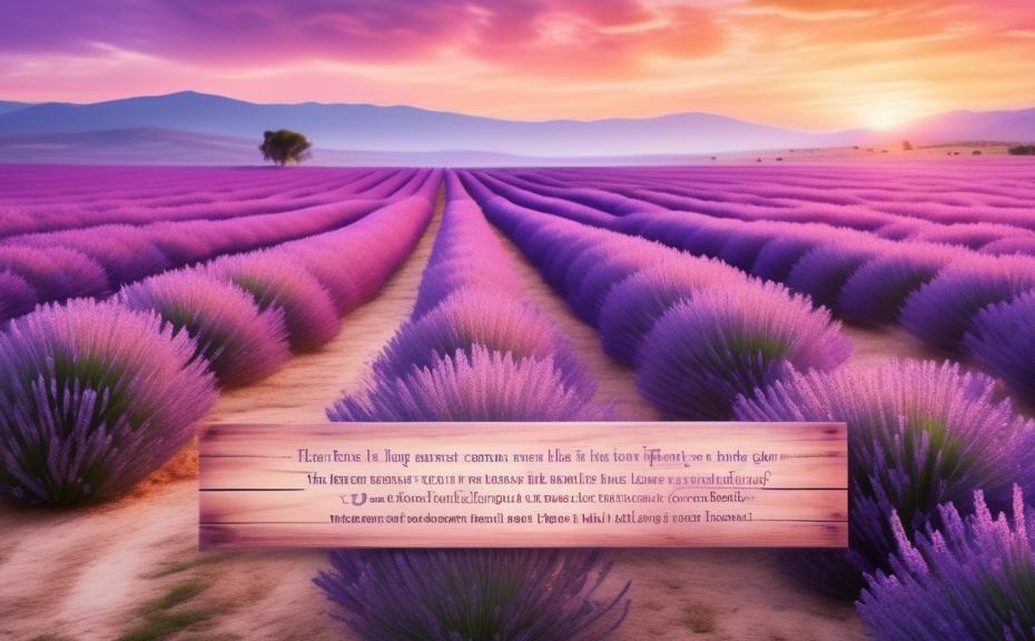 Create a serene image of a vast lavender field at sunset, with a gentle breeze causing a ripple through the purple blooms. In the foreground, a rustic wooden sign hangs, featuring an array of inspirin