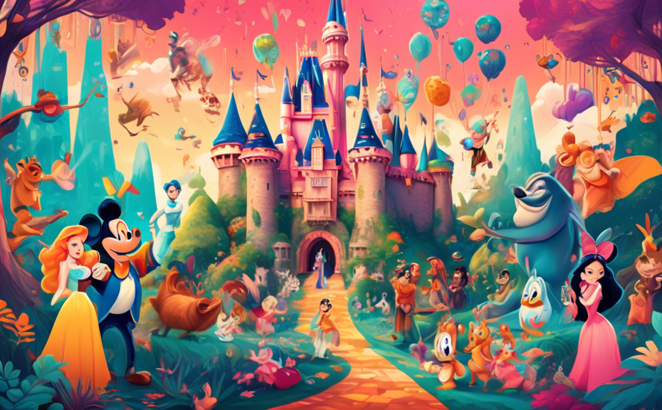 Enchanting illustration of a whimsical Disney-themed castle surrounded by classic Disney characters happily interacting with a modern-day Instagrammer holding a smartphone, all set in a vibrant, magic