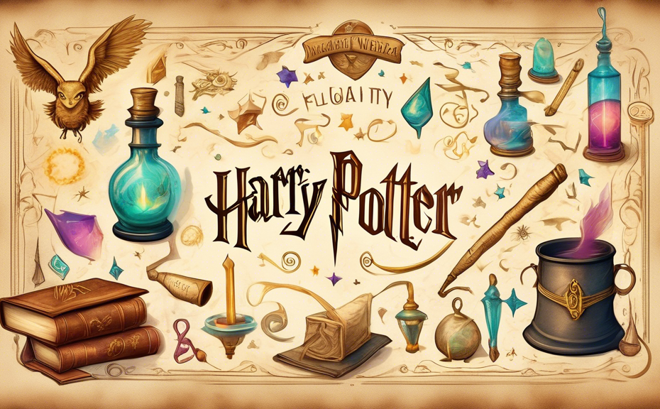 Create a whimsical illustration of iconic Harry Potter symbols centered around a vintage, parchment-style scroll framed by magical wands, glittering potion bottles, a sorting hat, and floating golden