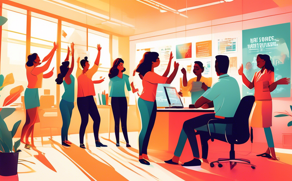 An inspirational office setting where diverse team members are high-fiving in a sunlit, modern office, with motivational posters featuring empowering slogans on the walls, and a digital display showin
