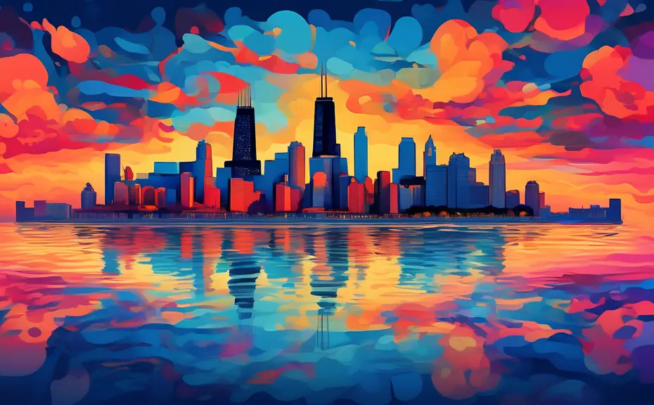 Create a vibrant digital painting of iconic Chicago landmarks like the Willis Tower, Navy Pier, and the Cloud Gate under a sunset sky, reflecting in the rippling waters of Lake Michigan, with stylized