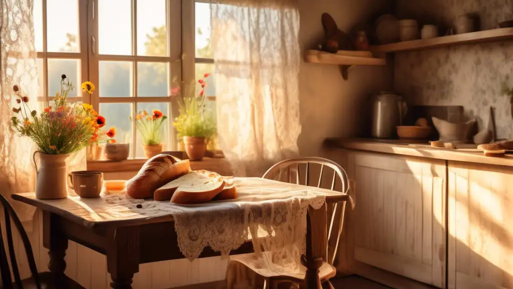 A cozy, rustic farmhouse kitchen with warm sunlight filtering through lace curtains, showcasing a wooden dining table adorned with freshly baked bread and wildflowers in a vintage vase, evoking a sere