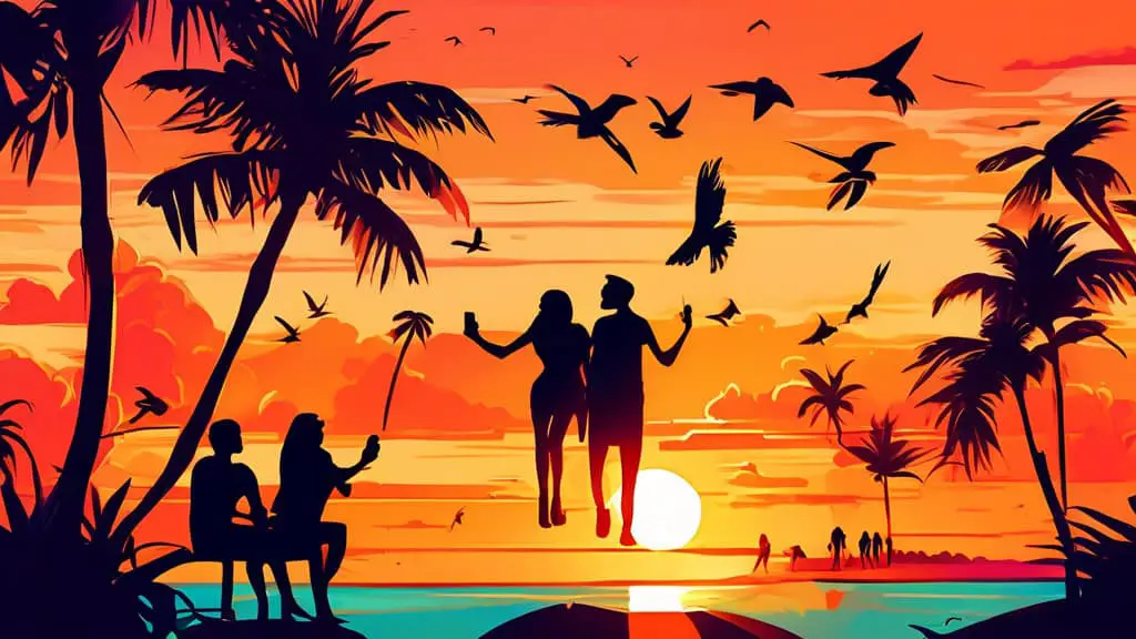 Create a vibrant digital artwork of a group of friends enjoying a colorful sunset on a Florida beach, laughing and taking selfies, with palm trees silhouetted against an orange sky, while tropical bir