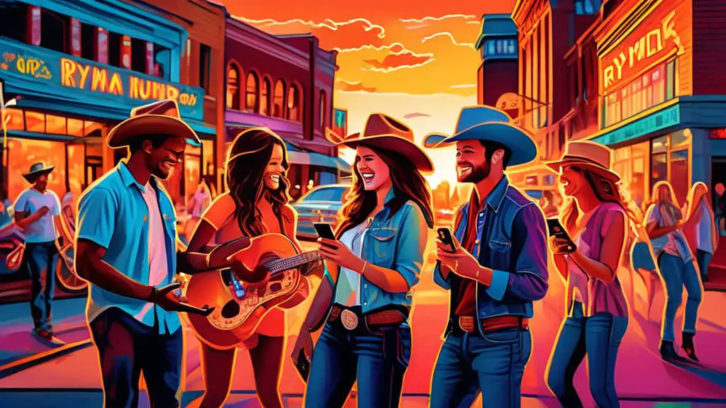 Create a vibrant and artistic image of a group of friends enjoying a lively street scene in downtown Nashville at sunset, with colorful murals, glowing neon signs, and iconic landmarks like the Ryman