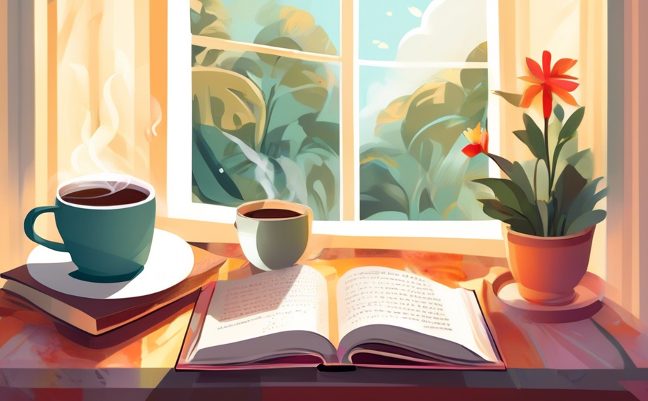 Create an image of a cozy, sunlit reading nook by a large window overlooking a serene garden, with a steaming cup of coffee and an open book on the side table, captioned with 'Lost in paradise 📖☕ #Pe