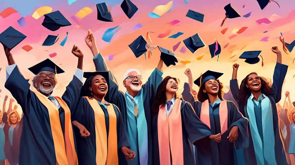 Create a digital painting of diverse senior students in graduation robes, throwing their caps in the air joyfully under a sunset sky, with soft pastel colors emphasizing a nostalgic yet celebratory mo