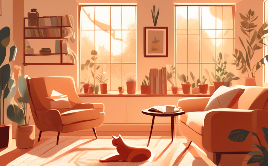 Create a cozy, inviting digital illustration of a perfect Sunday scene: a sunlit living room with a person curled up on a plush sofa, reading a book with a steaming mug of coffee on the side table. In