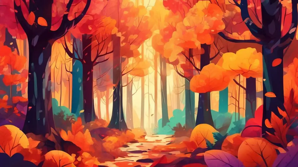 An enchanting forest with various trees displaying vibrant autumn colors, lit by dappled sunlight peaking through the canopy, perfect for intriguing Instagram captions.