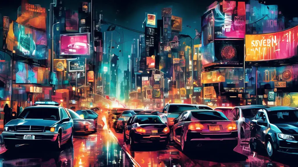 Create a digital artwork of a bustling city street at night featuring a series of illuminated billboards, each displaying a powerful anti-drunk driving slogan with vibrant and eye-catching typography,