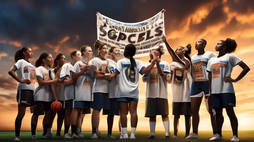 A diverse group of athletes from various sports huddling together in a large stadium, their hands joined above their heads, with a banner floating dramatically above them displaying powerful sports sl