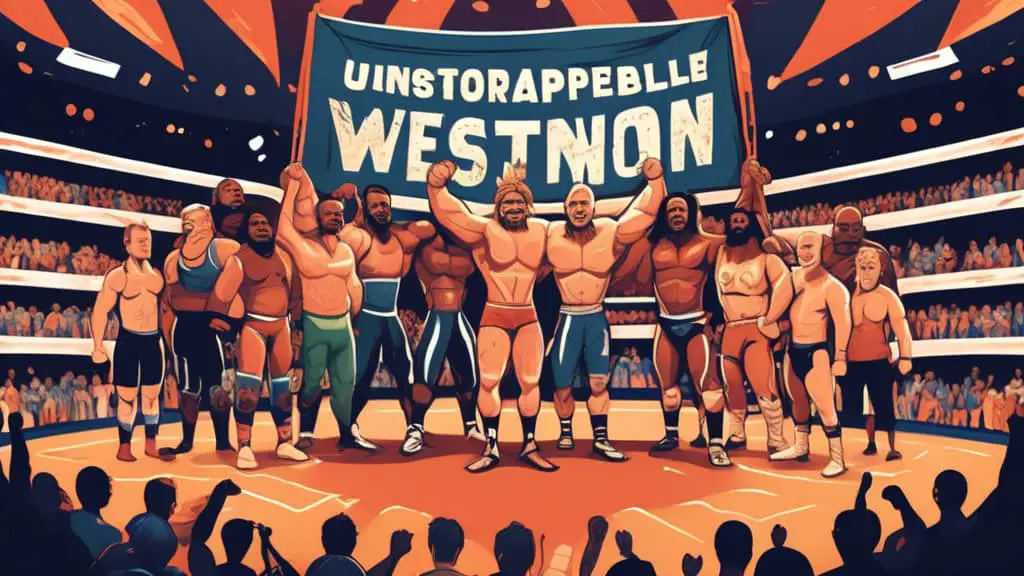 An illustration of a diverse group of wrestlers standing in a heroic pose on a wrestling mat, with a large, inspirational banner above them displaying powerful wrestling slogans. The background is fil