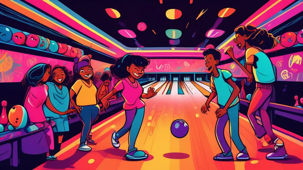 An artistic illustration of a vibrant bowling alley bustling with animated characters of various ages and ethnicities, joyfully throwing bowling balls down colorful, neon-lit lanes, with dynamic capti
